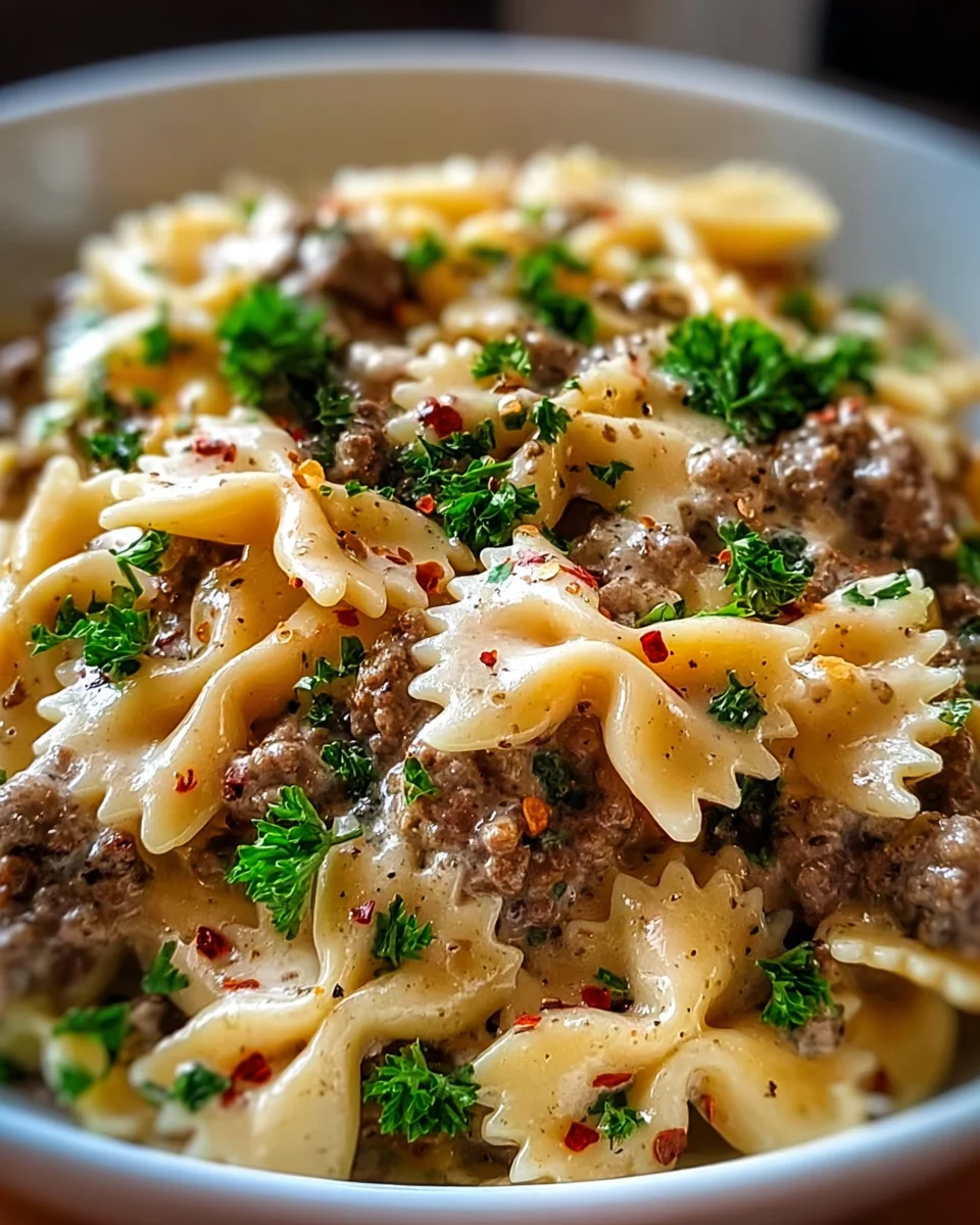 Beef and Bowtie Pasta with Alfredo Sauce