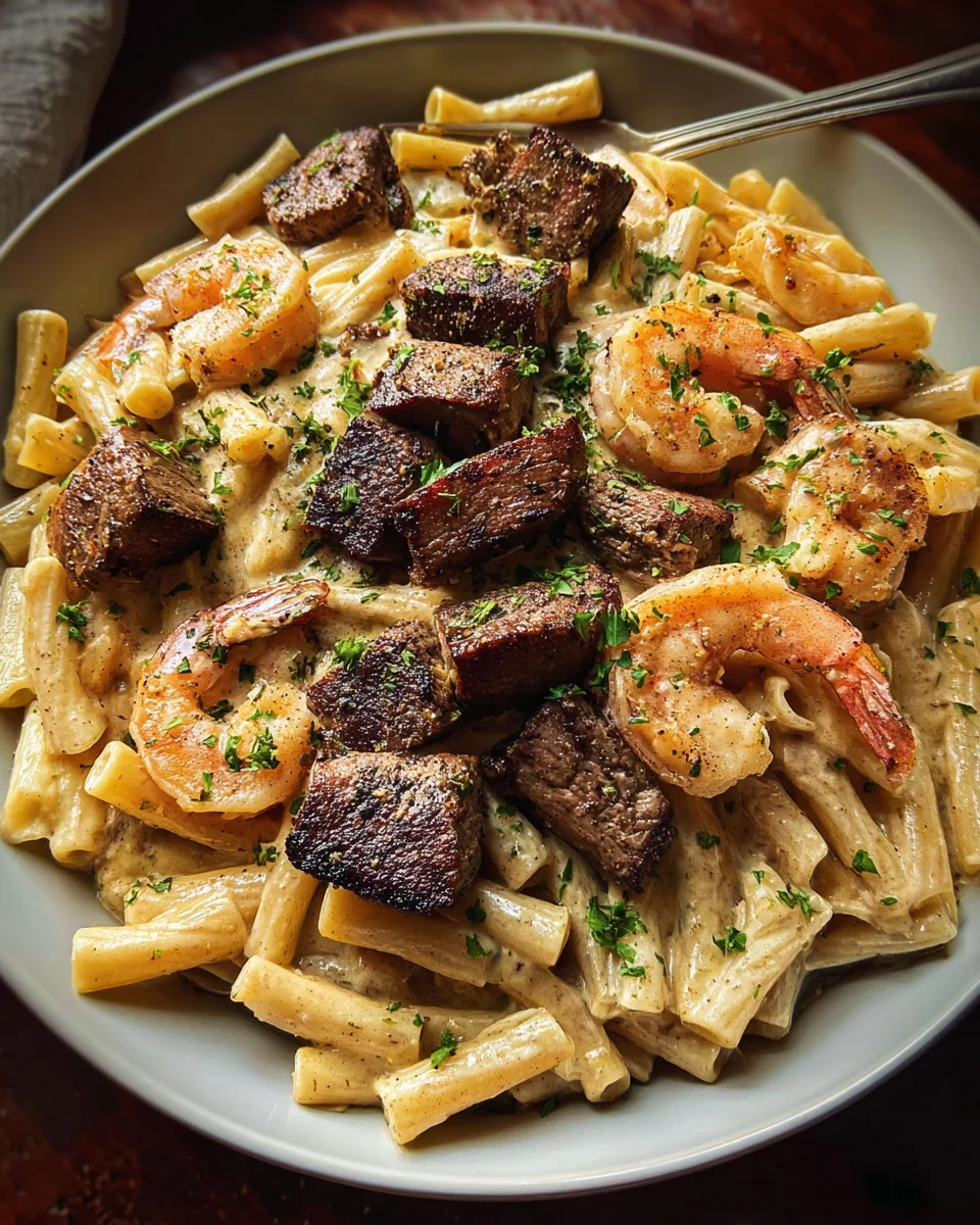 Blackened Steak and Shrimp Alfredo