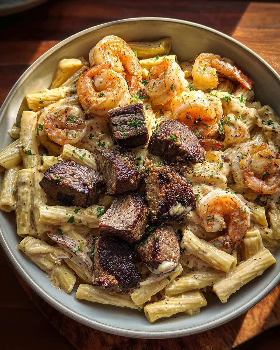 Blackened Steak and Shrimp Alfredo 18 Blackened