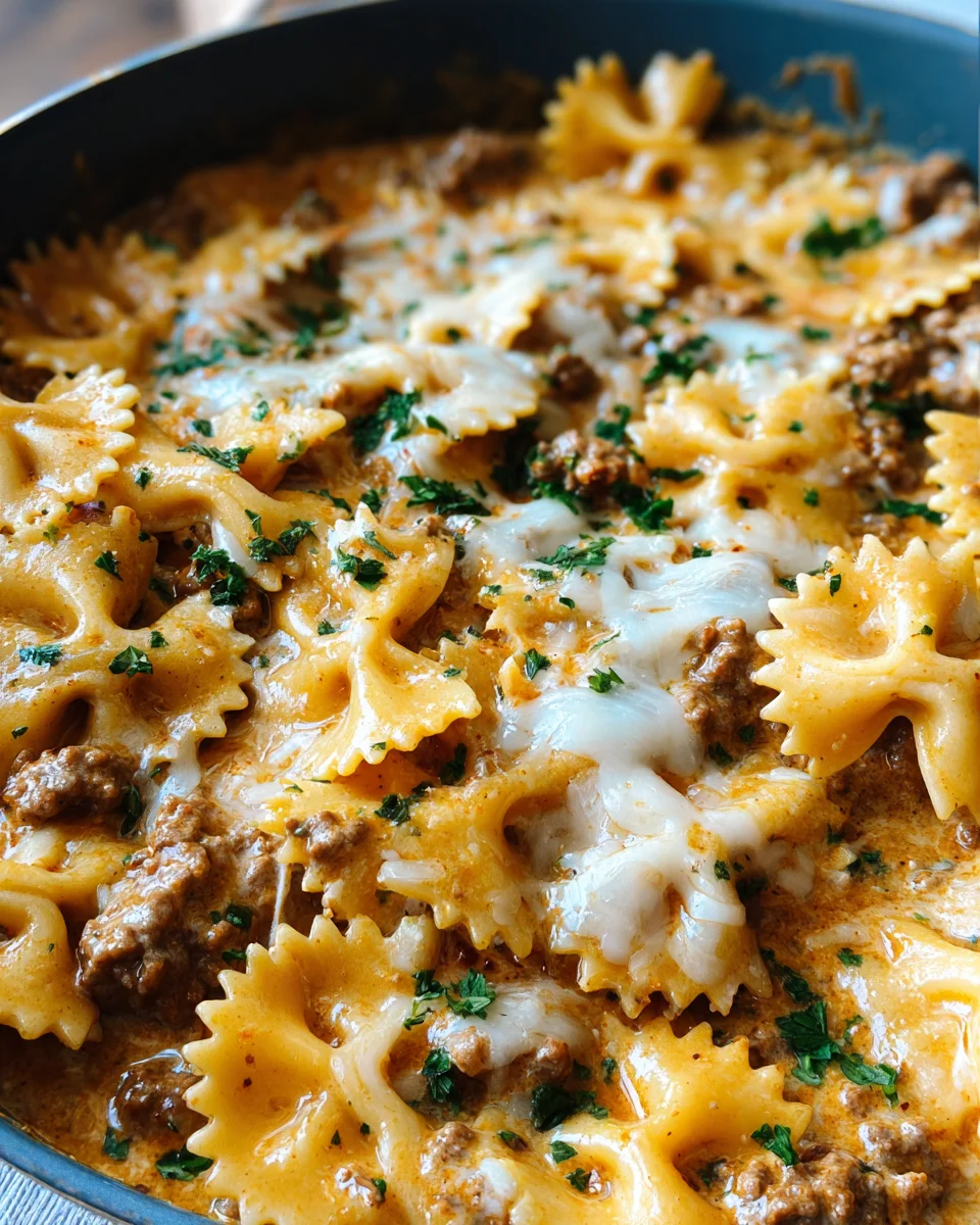 Cheesy Beef and Bowtie Pasta in Garlic Butter