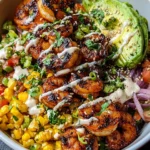 Grilled Shrimp Bowl with Avocado, Corn Salsa & Creamy Garlic Sauce