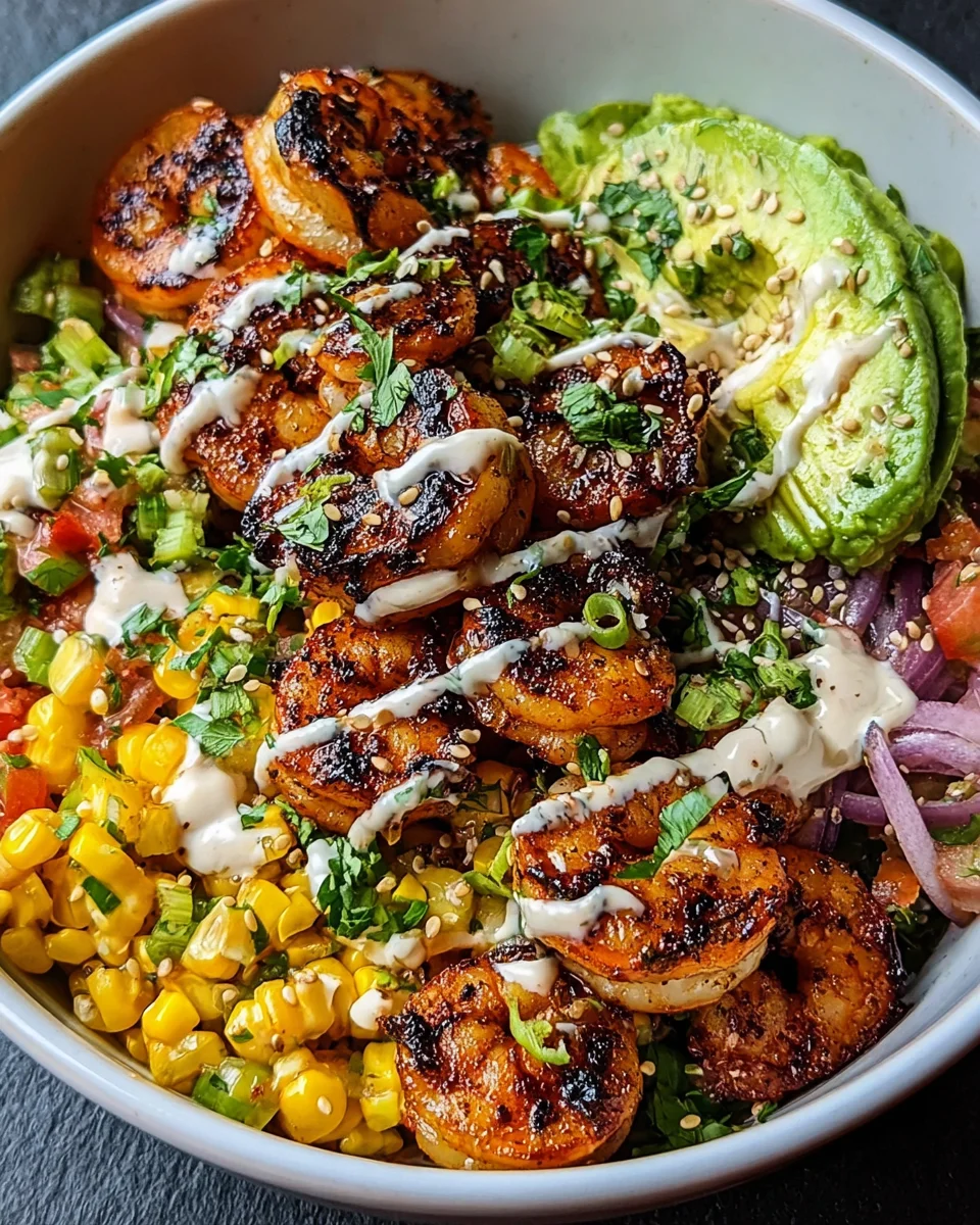 Grilled Shrimp Bowl with Avocado, Corn Salsa & Creamy Garlic Sauce