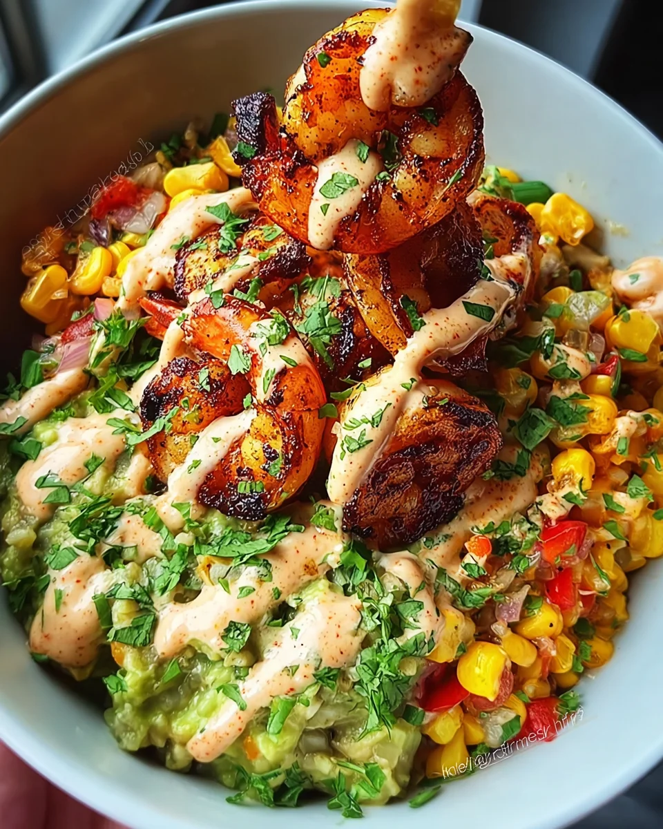 Grilled Shrimp Bowl with Avocado, Corn Salsa & Creamy Sauce