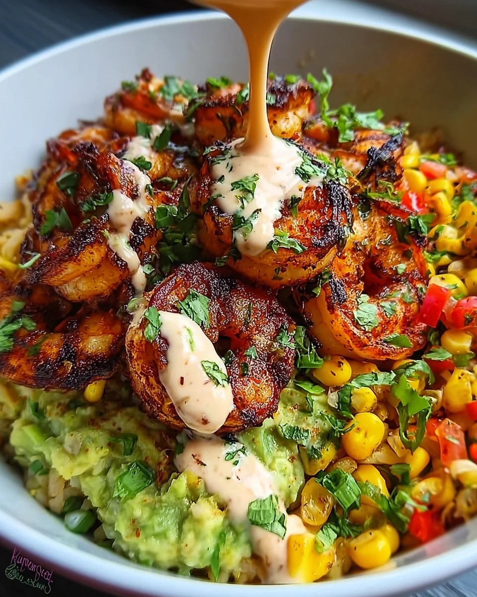 Grilled Shrimp Bowl with Avocado, Corn Salsa & Creamy Sauce 36 Grilled