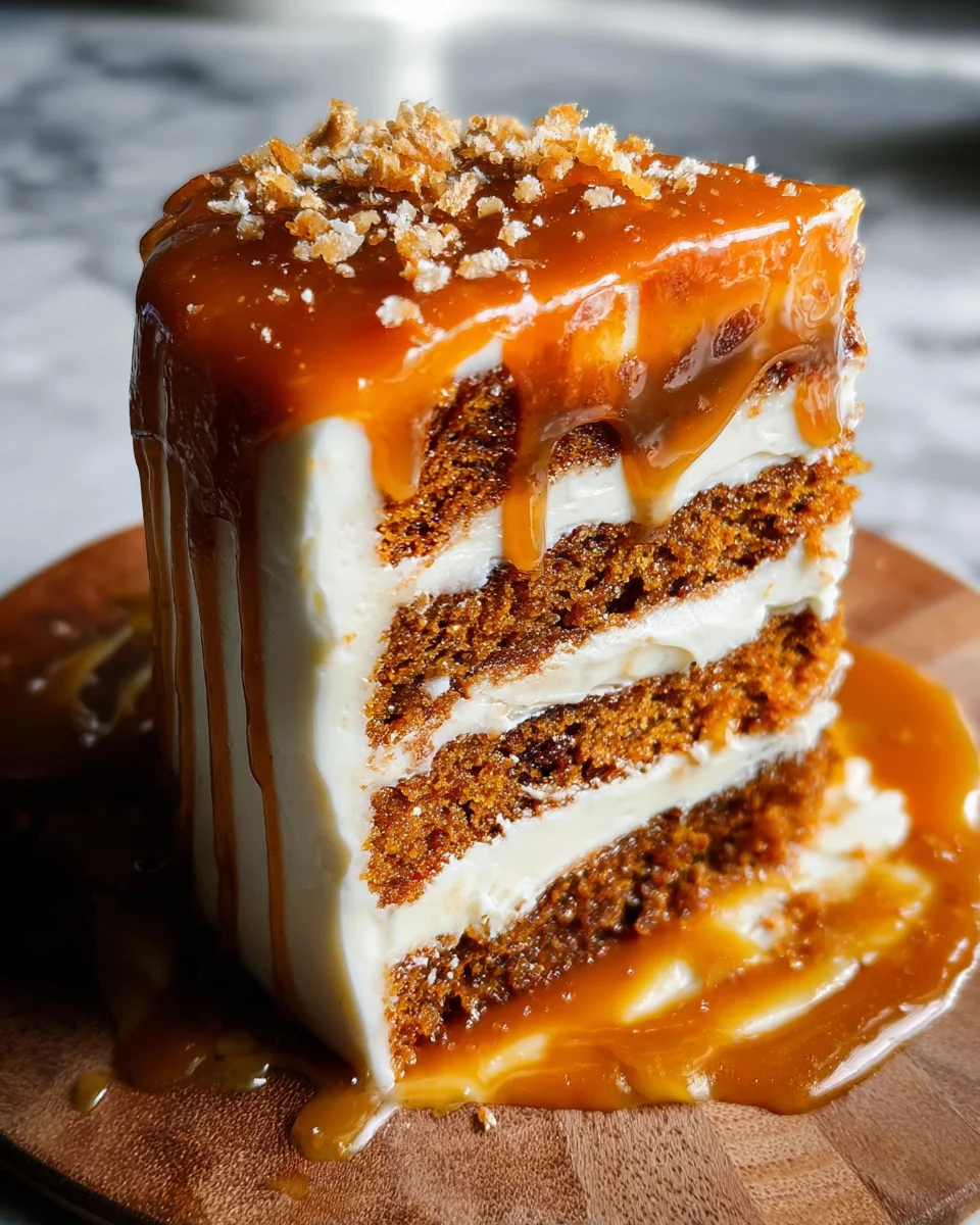 Pumpkin Cake with Cream Cheese Frosting and Salted Caramel Drizzle