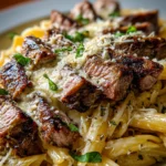 Steak and Creamy Garlic Parmesan Pasta