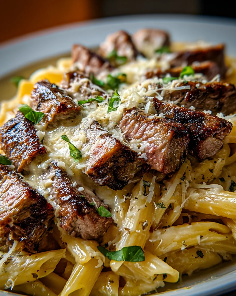 Steak and Creamy Garlic Parmesan Pasta