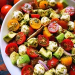 Tomato Cucumber Avocado Salad with Mozzarella and Basil Pesto
