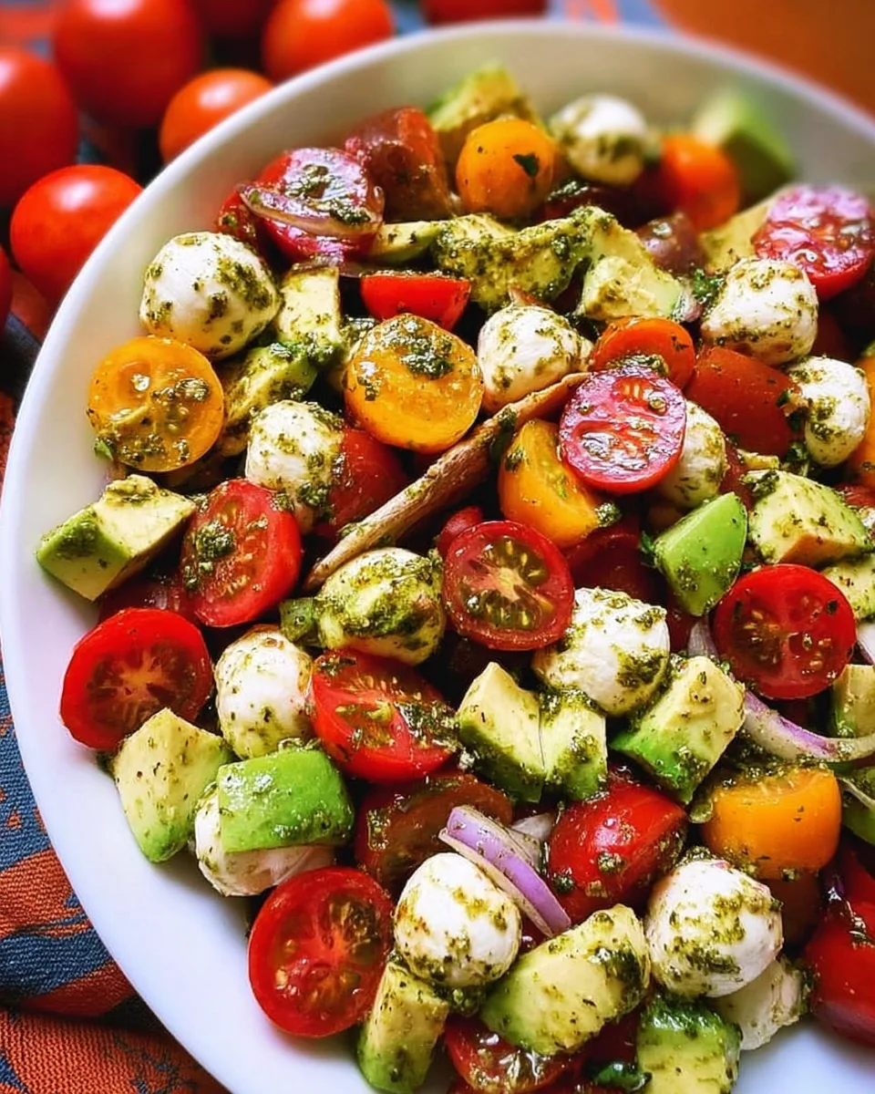 Tomato Cucumber Avocado Salad with Mozzarella and Basil Pesto